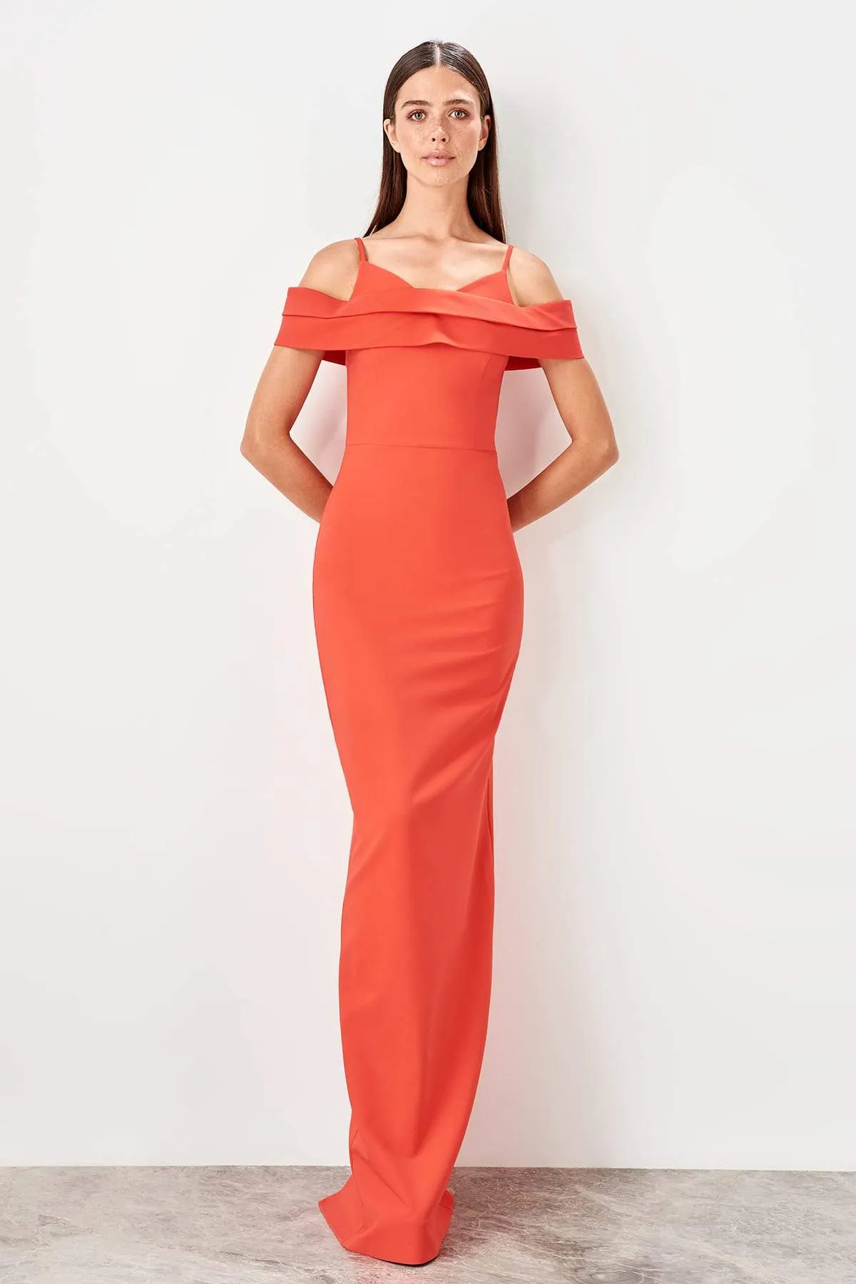 10786 Burnt Orange Cold Shoulder Sheath Dress