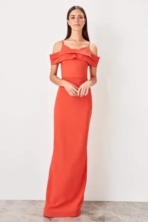 10786 Burnt Orange Cold Shoulder Sheath Dress