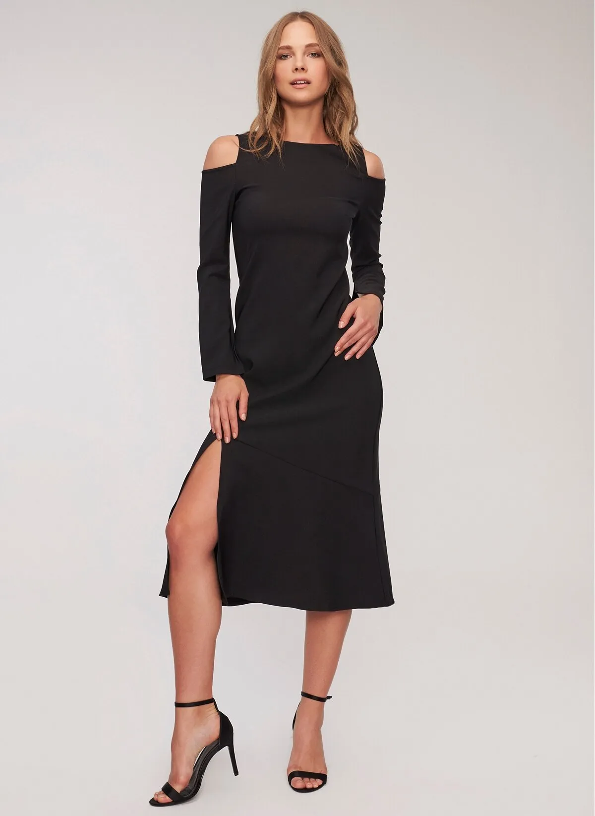 12880 Black Cold Shoulder Slit Dress