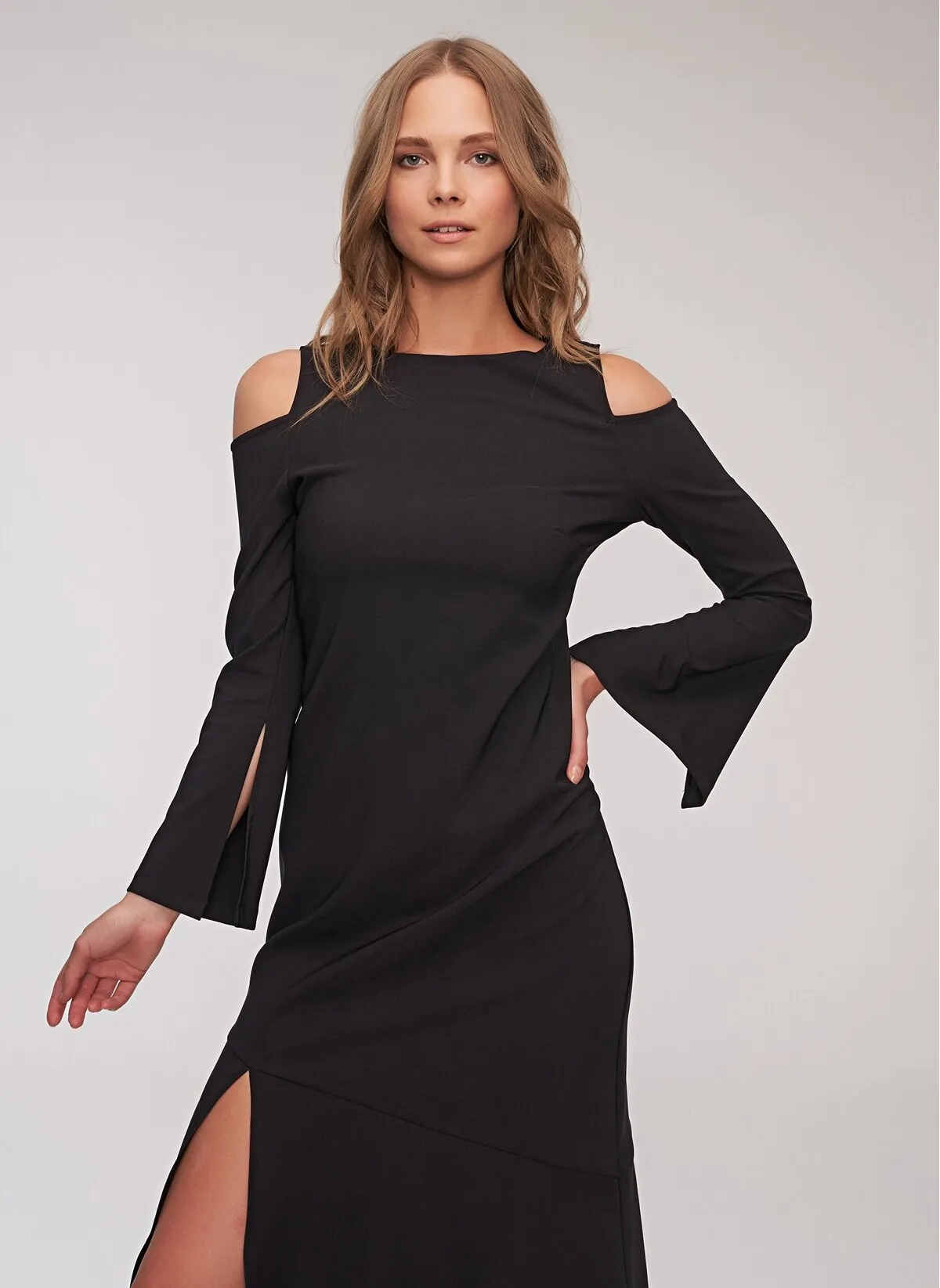 12880 Black Cold Shoulder Slit Dress