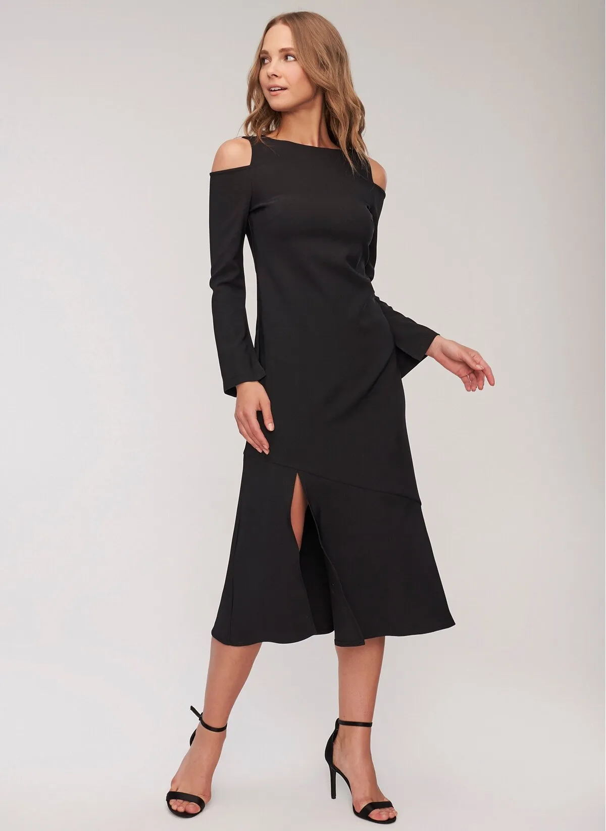 12880 Black Cold Shoulder Slit Dress