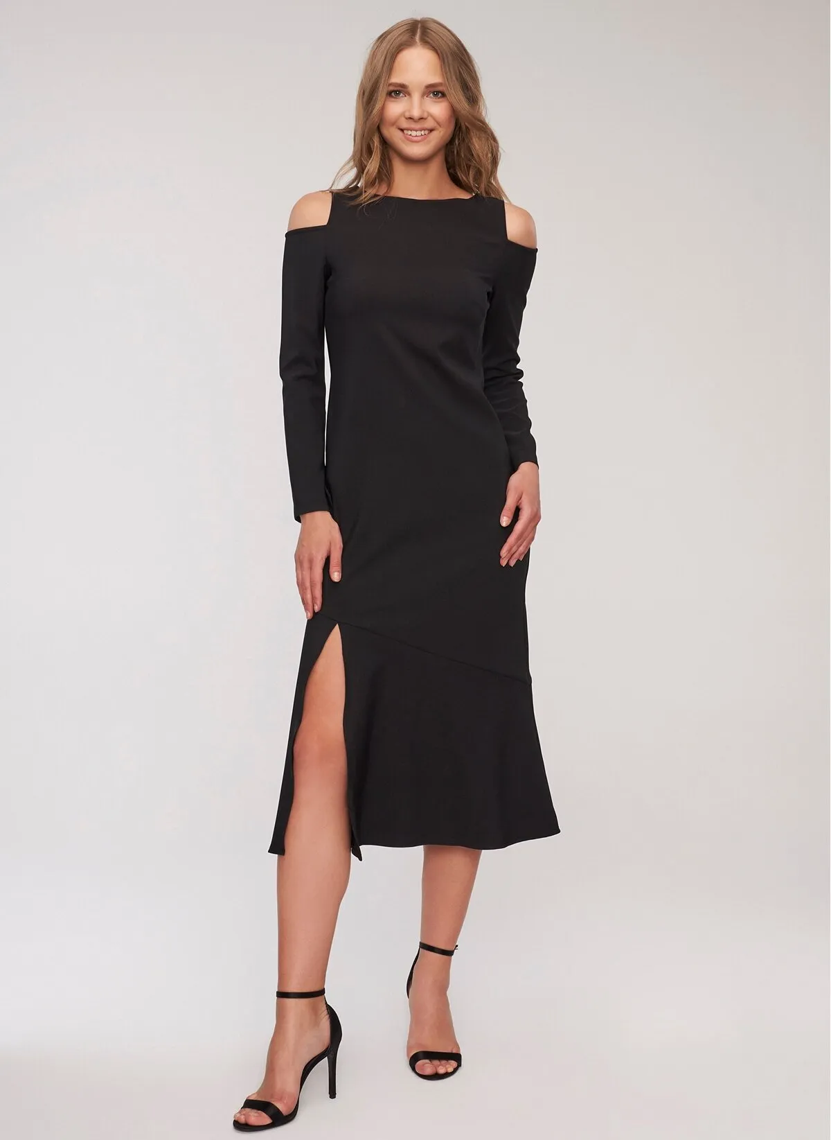 12880 Black Cold Shoulder Slit Dress