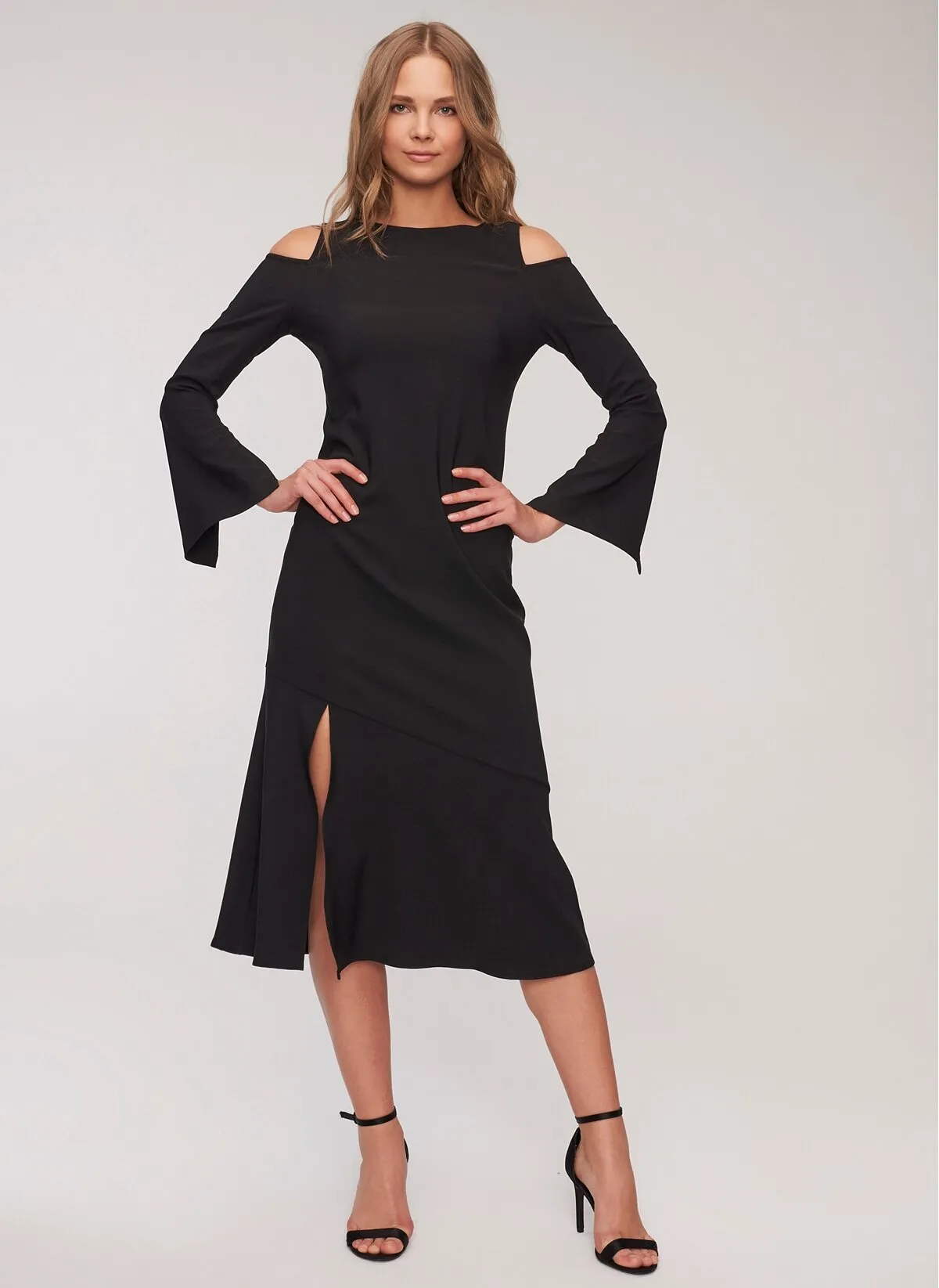 12880 Black Cold Shoulder Slit Dress
