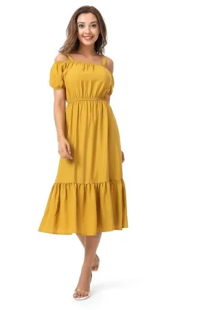 13130 Mustard Cold Shoulder Midi Dress