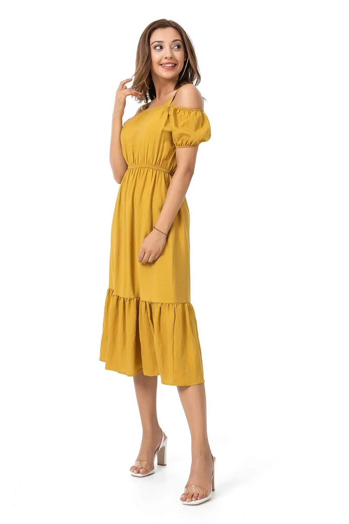 13130 Mustard Cold Shoulder Midi Dress