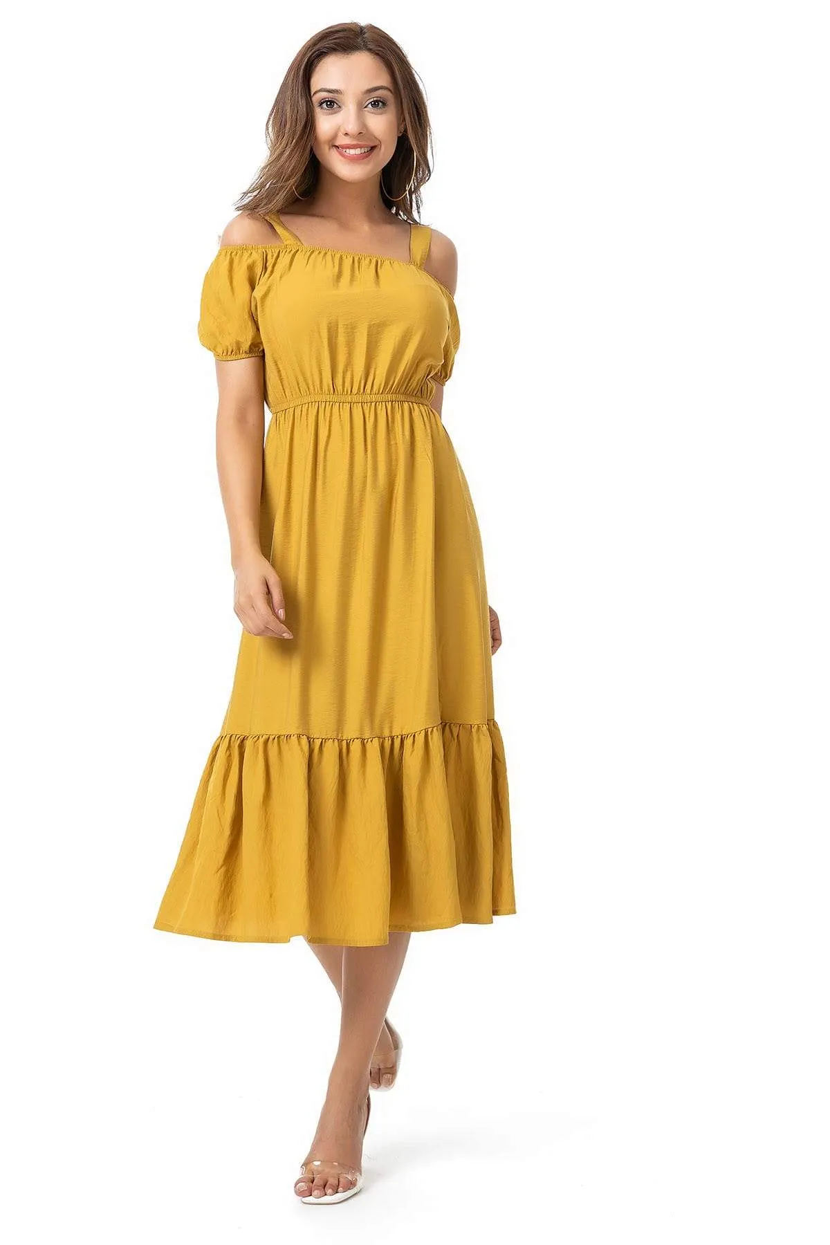 13130 Mustard Cold Shoulder Midi Dress