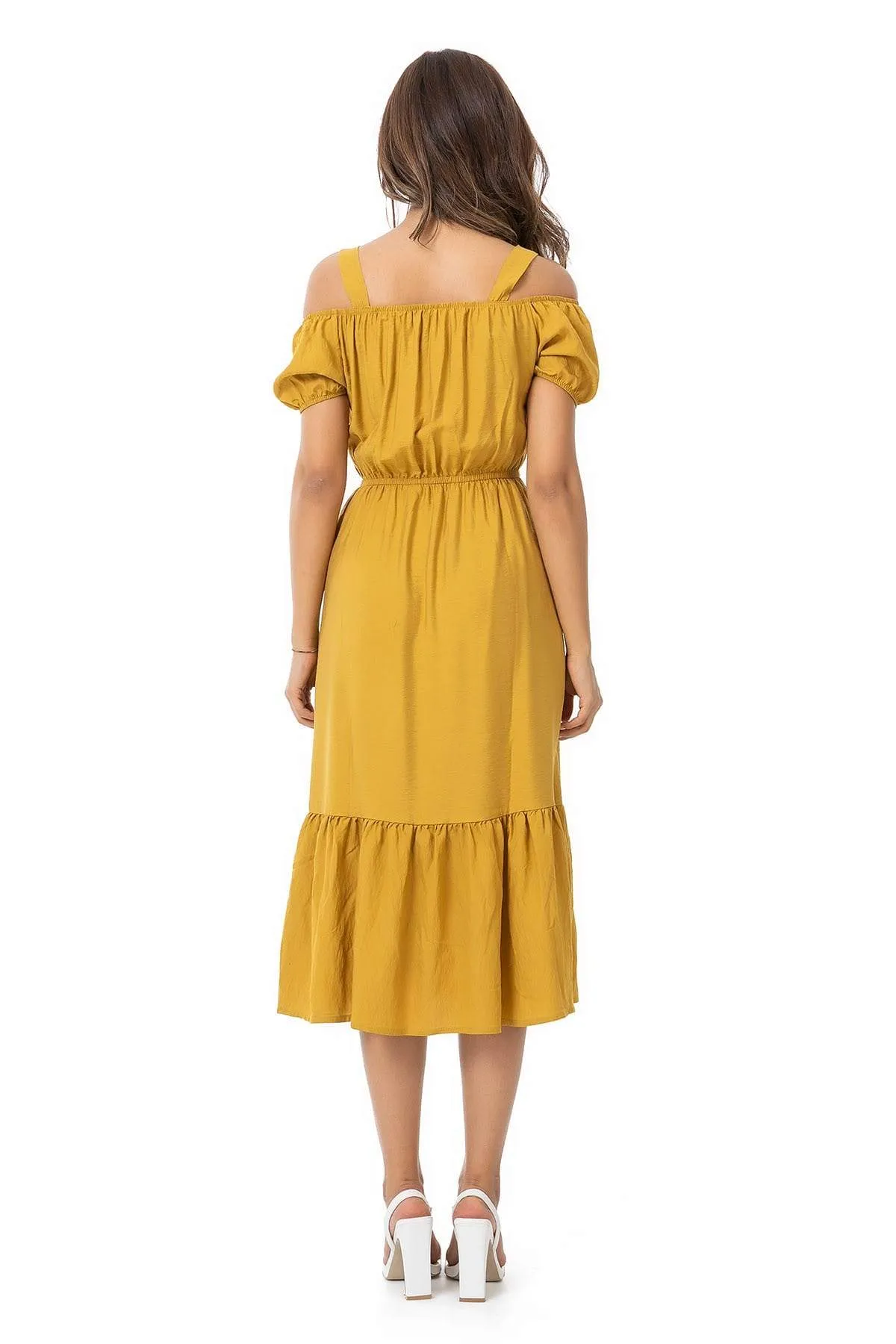 13130 Mustard Cold Shoulder Midi Dress