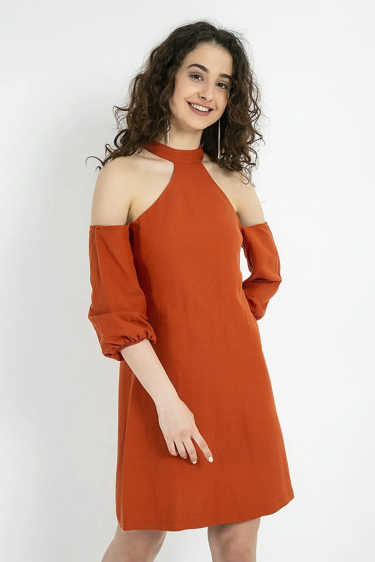 13136 Brick Red Cold Shoulder Dress
