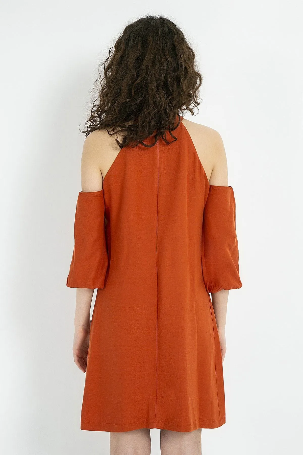 13136 Brick Red Cold Shoulder Dress