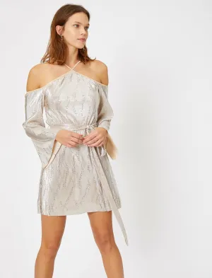 15140 Light Gold Cold Shoulder Dress