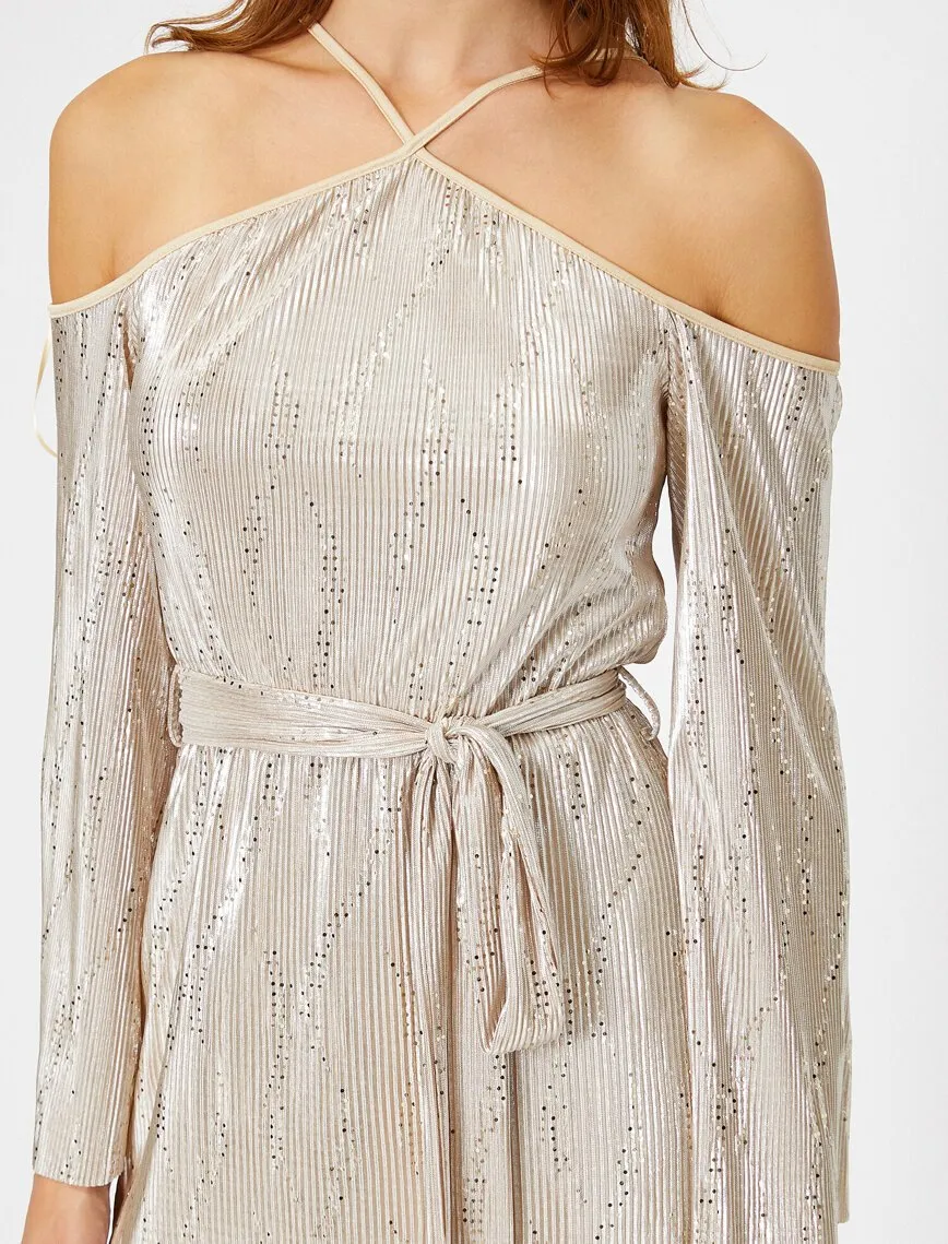 15140 Light Gold Cold Shoulder Dress