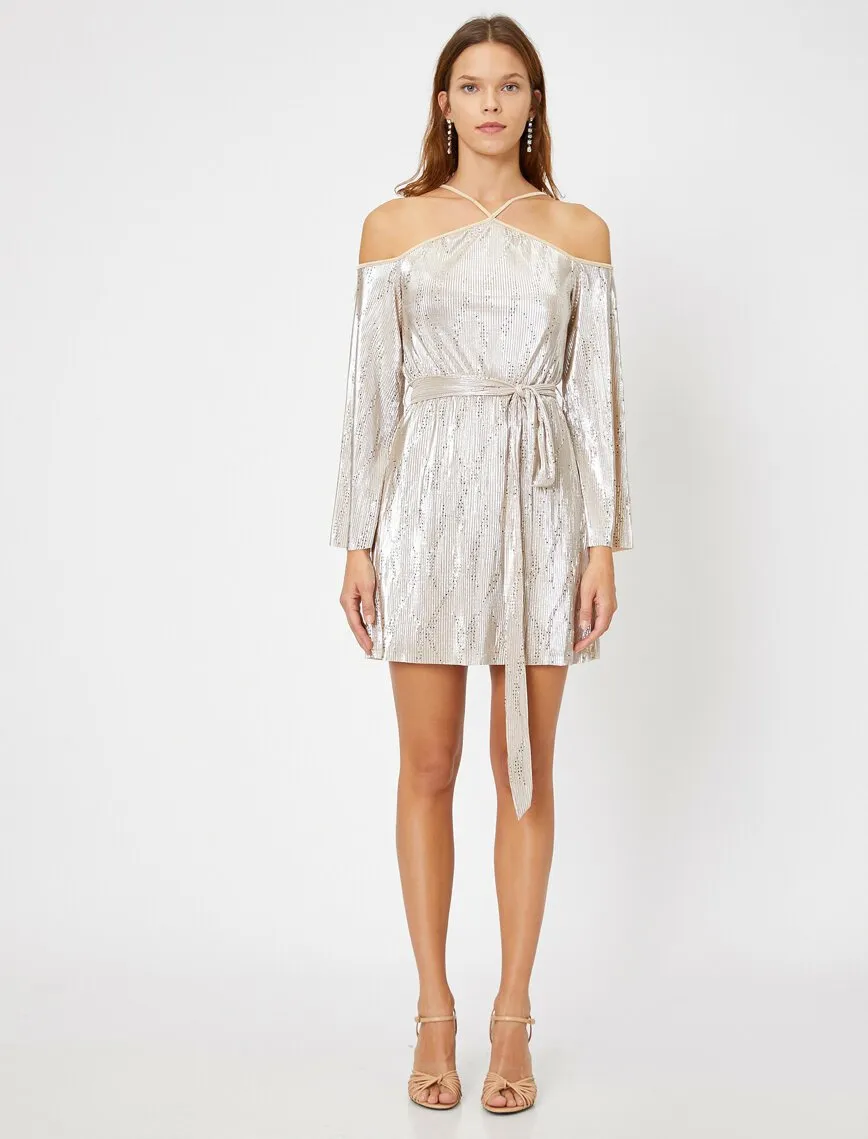 15140 Light Gold Cold Shoulder Dress