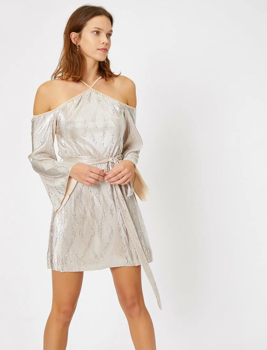 15140 Light Gold Cold Shoulder Dress