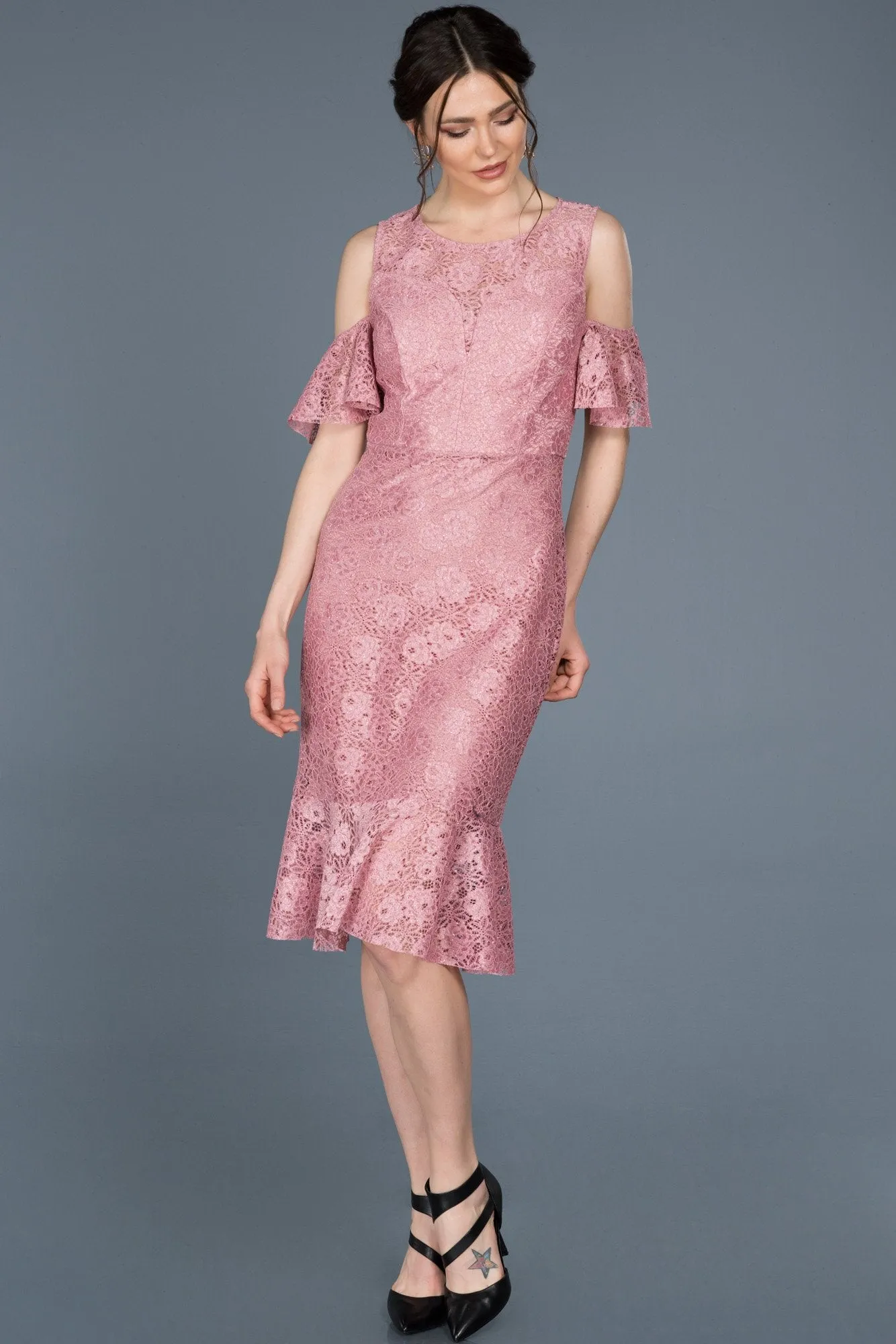 15766 Pink Cold Shoulder Lace Dress