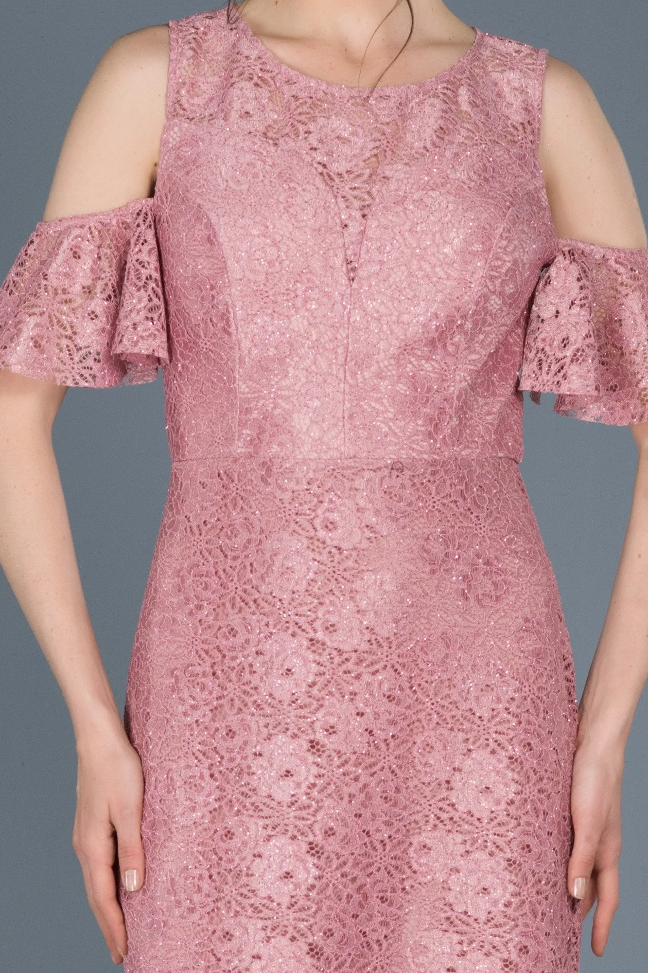 15766 Pink Cold Shoulder Lace Dress