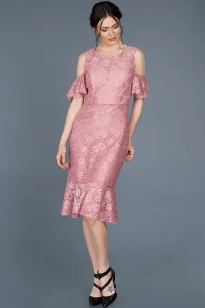 15766 Pink Cold Shoulder Lace Dress