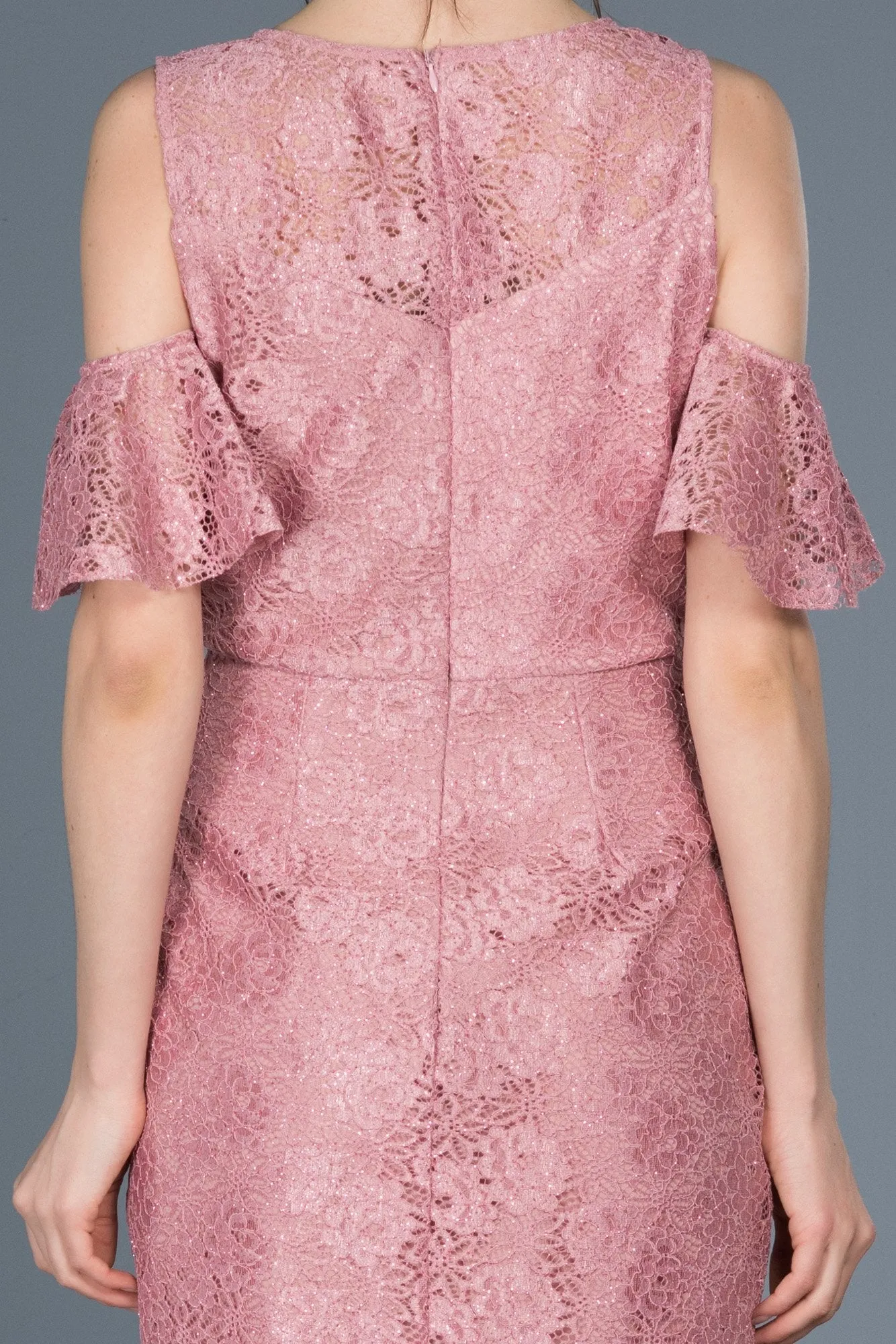 15766 Pink Cold Shoulder Lace Dress