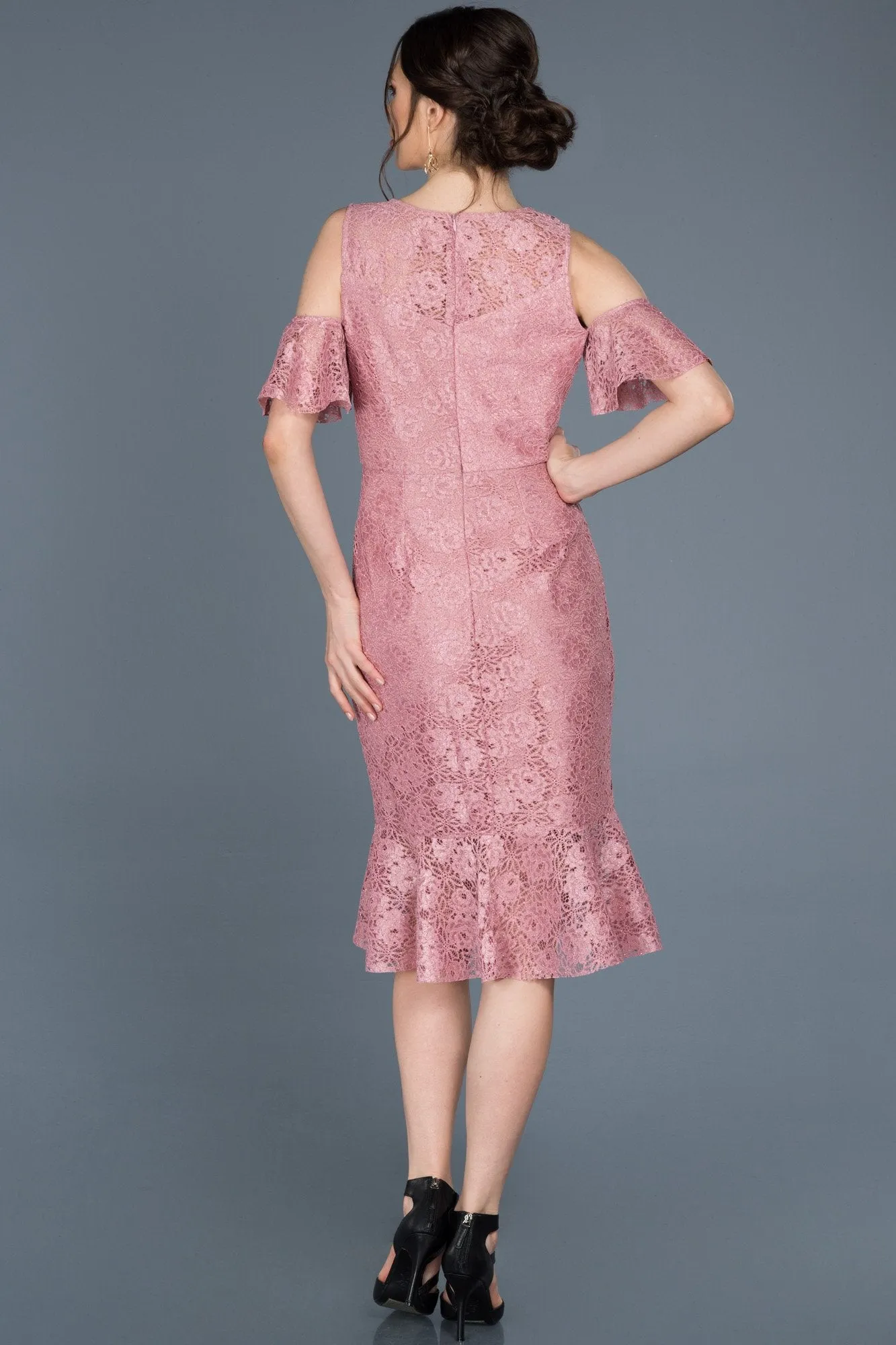 15766 Pink Cold Shoulder Lace Dress