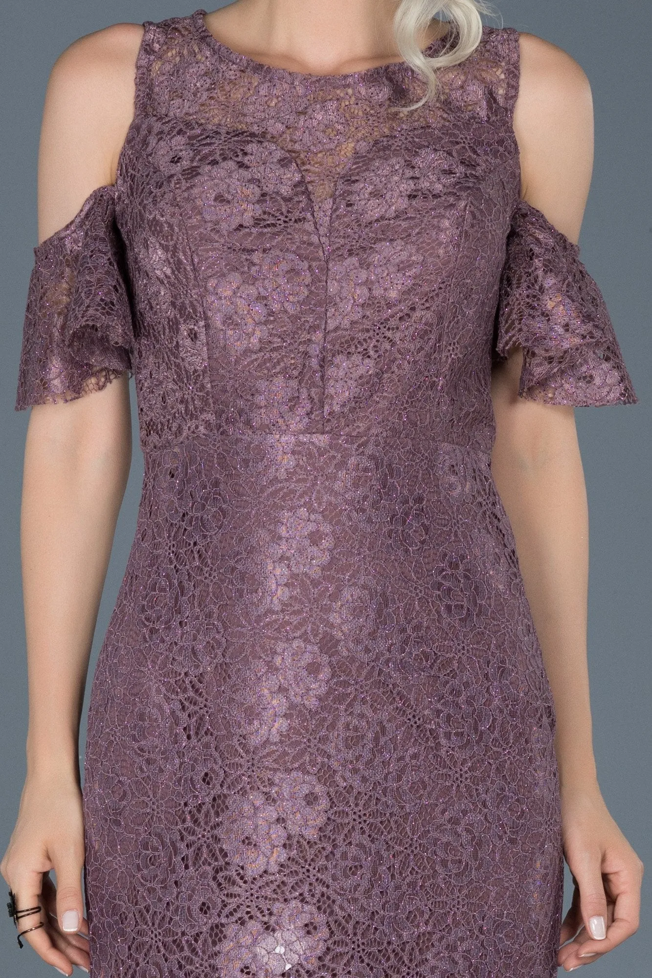 15769 Dusty Pink Cold Shoulder Lace Dress