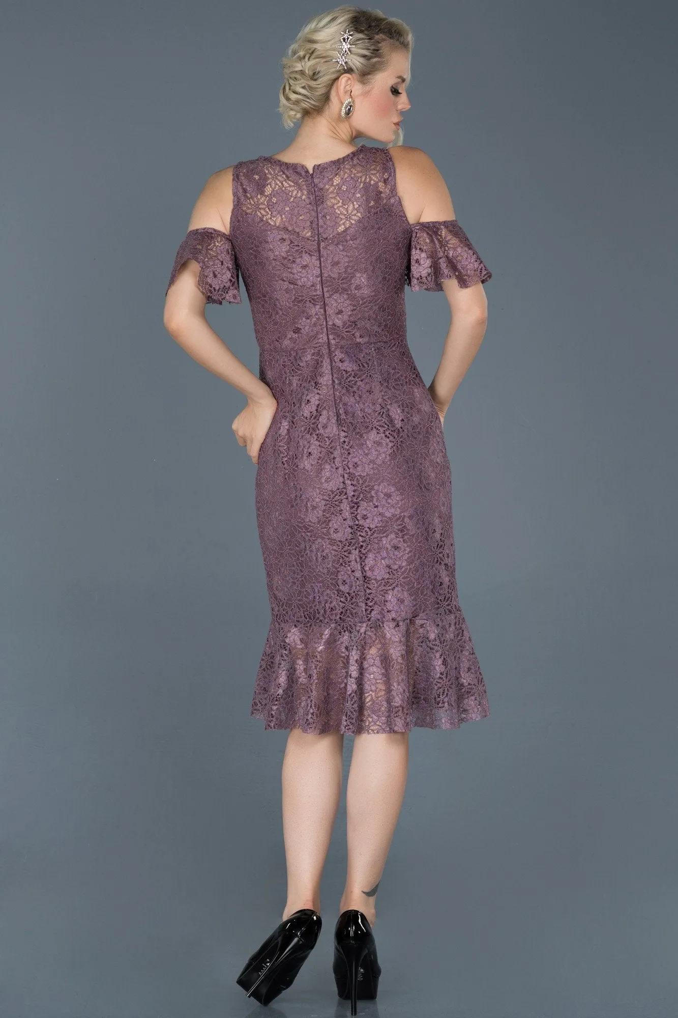 15769 Dusty Pink Cold Shoulder Lace Dress
