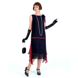 1920s black party dress with red details and shoulder bow