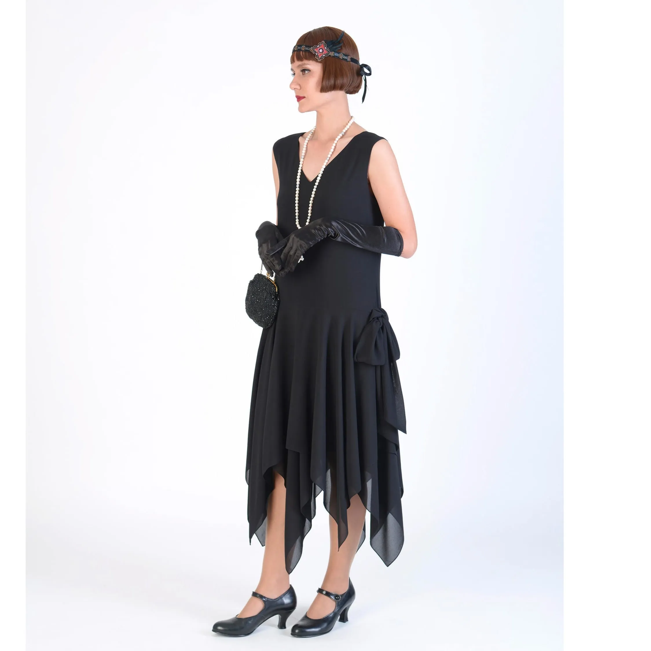 1920s chiffon Gatsby party dress with handkerchief skirt in black