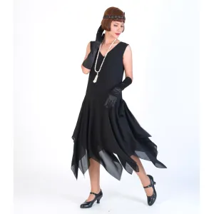 1920s chiffon Gatsby party dress with handkerchief skirt in black