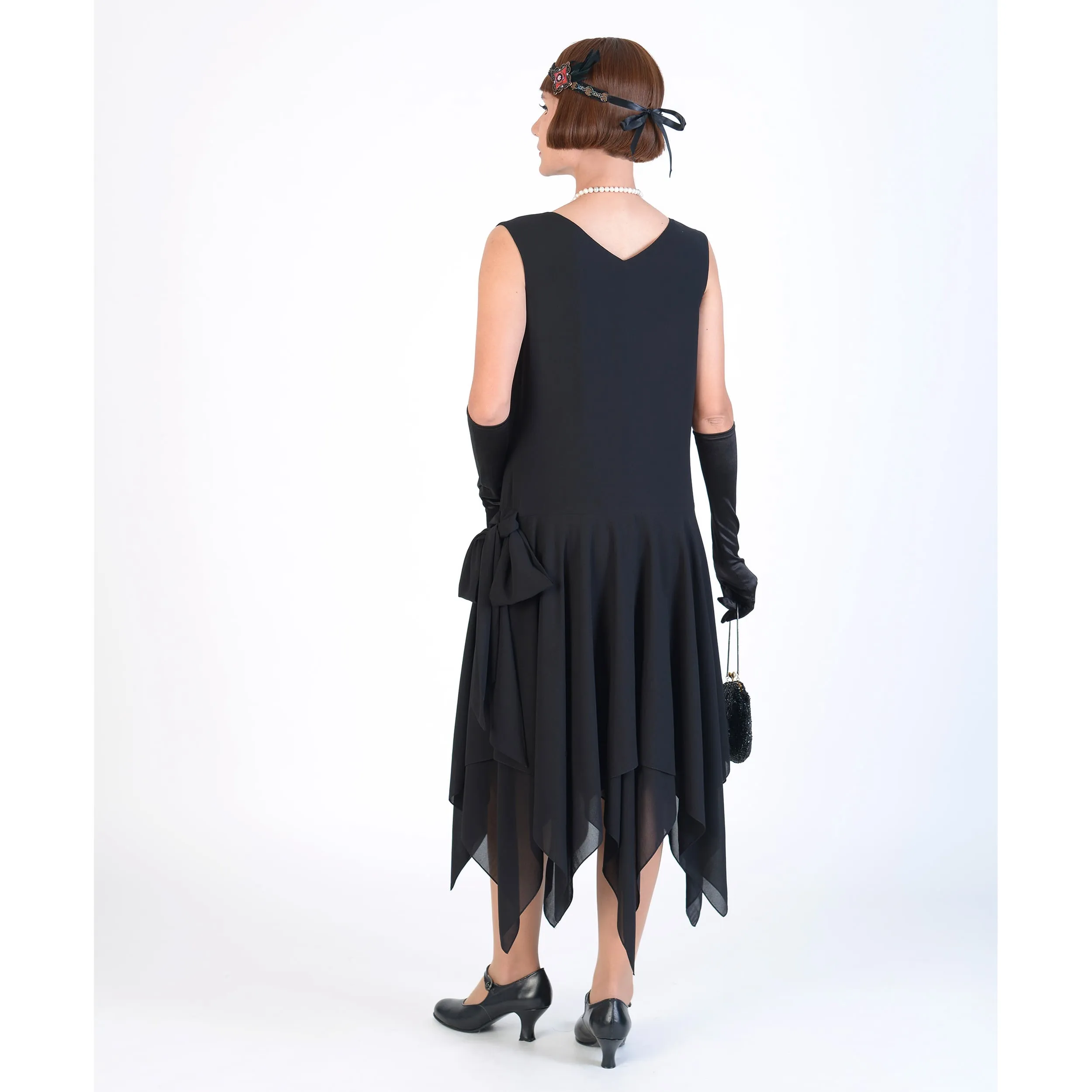 1920s chiffon Gatsby party dress with handkerchief skirt in black