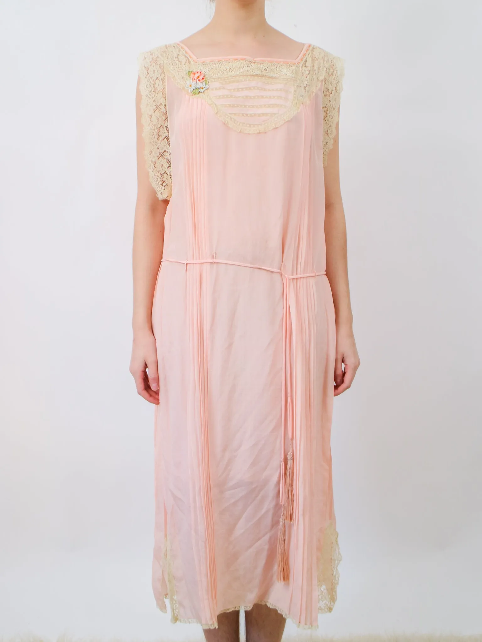 1920s Lightweight Pink Silk and Cream Lace Slip Dress with Original Fringe Belt