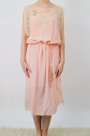 1920s Lightweight Pink Silk and Cream Lace Slip Dress with Original Fringe Belt