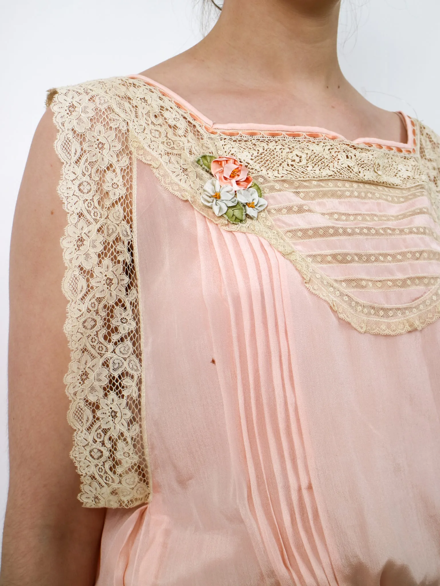 1920s Lightweight Pink Silk and Cream Lace Slip Dress with Original Fringe Belt