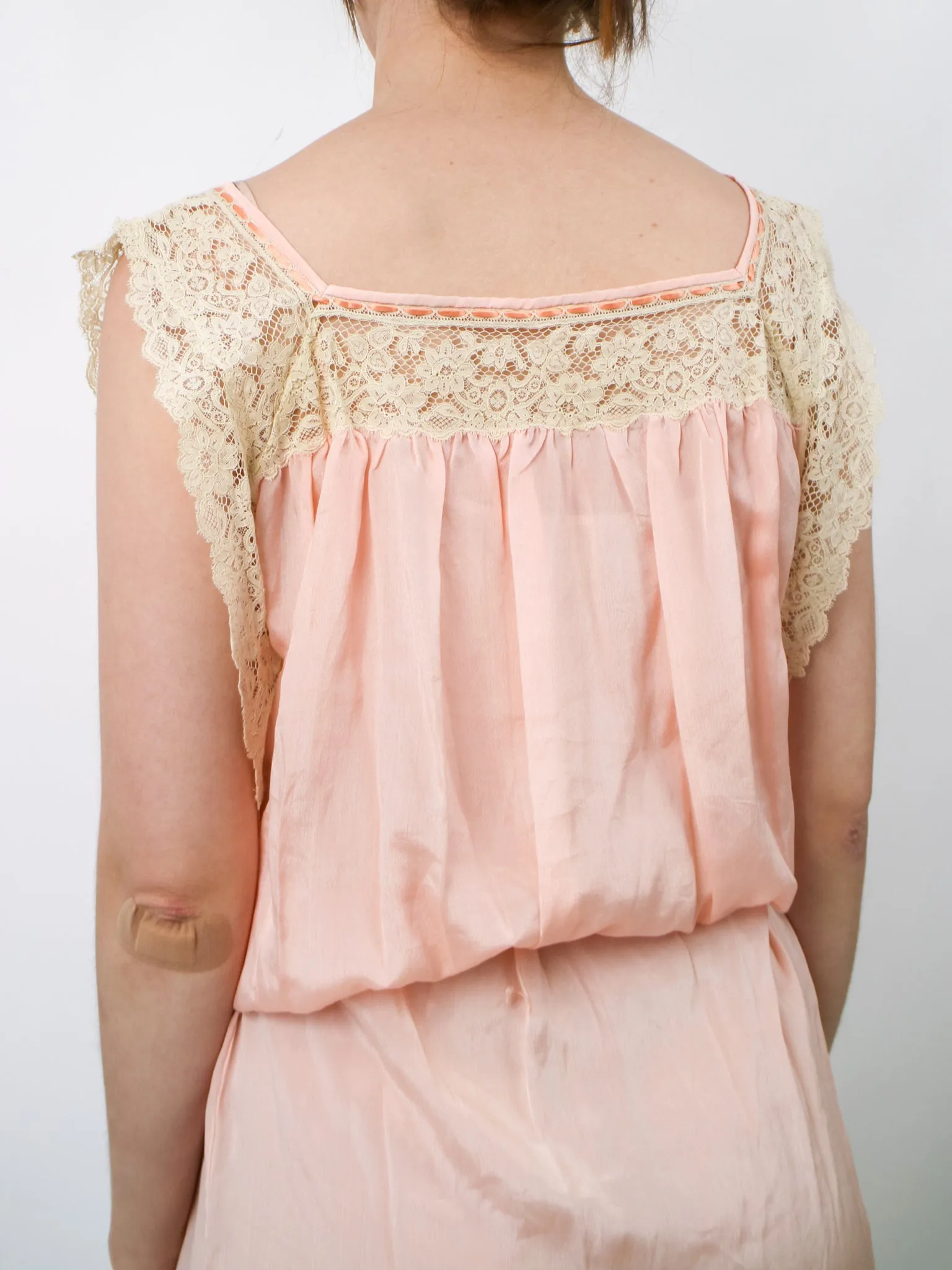1920s Lightweight Pink Silk and Cream Lace Slip Dress with Original Fringe Belt