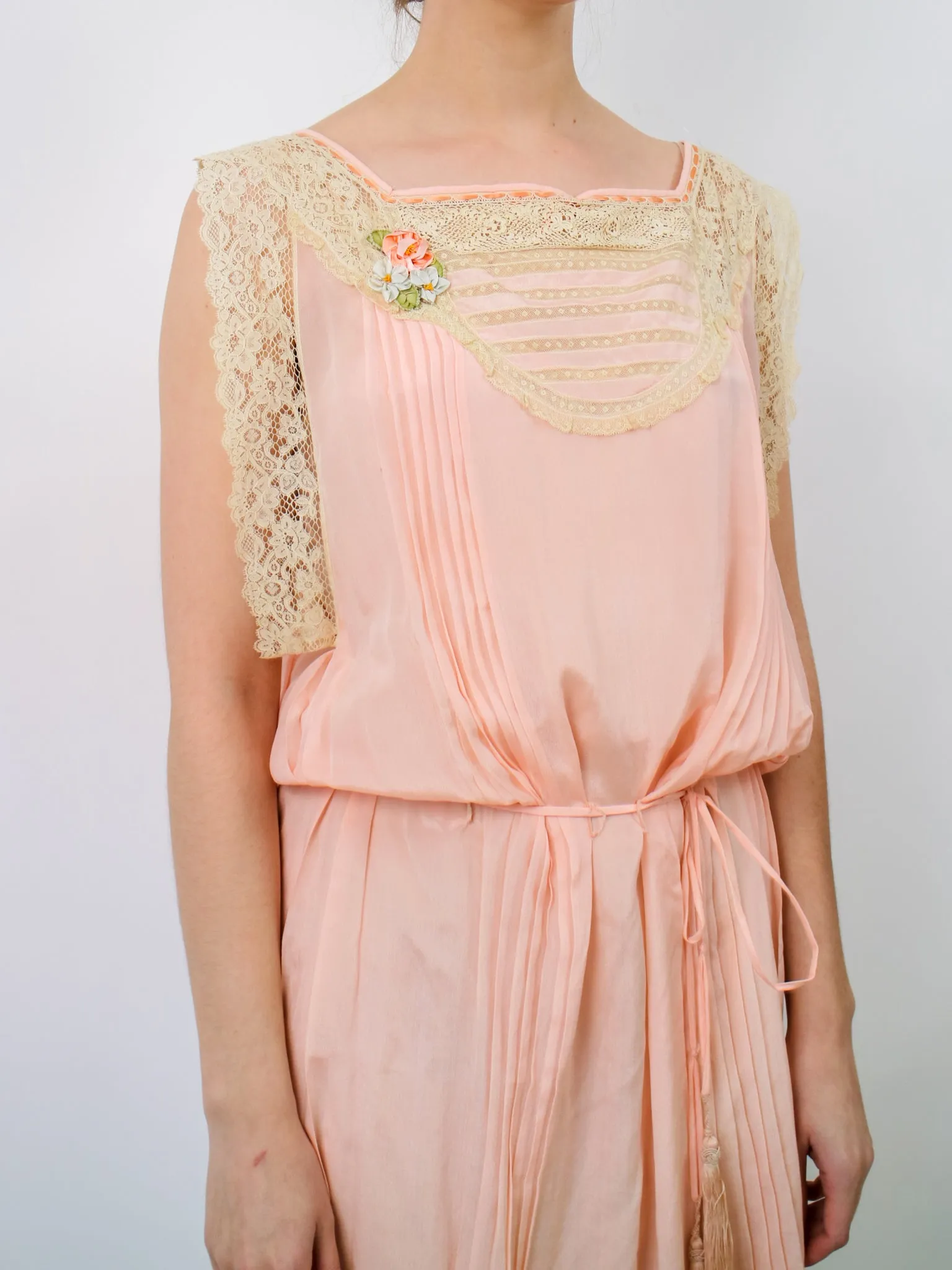 1920s Lightweight Pink Silk and Cream Lace Slip Dress with Original Fringe Belt