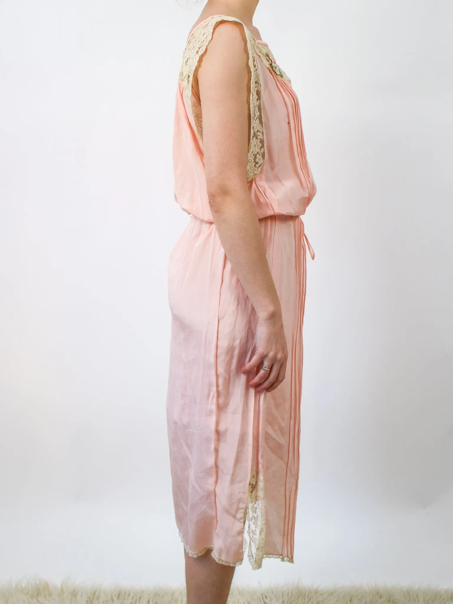 1920s Lightweight Pink Silk and Cream Lace Slip Dress with Original Fringe Belt
