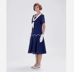 1920s reproduction day dress in navy blue and white