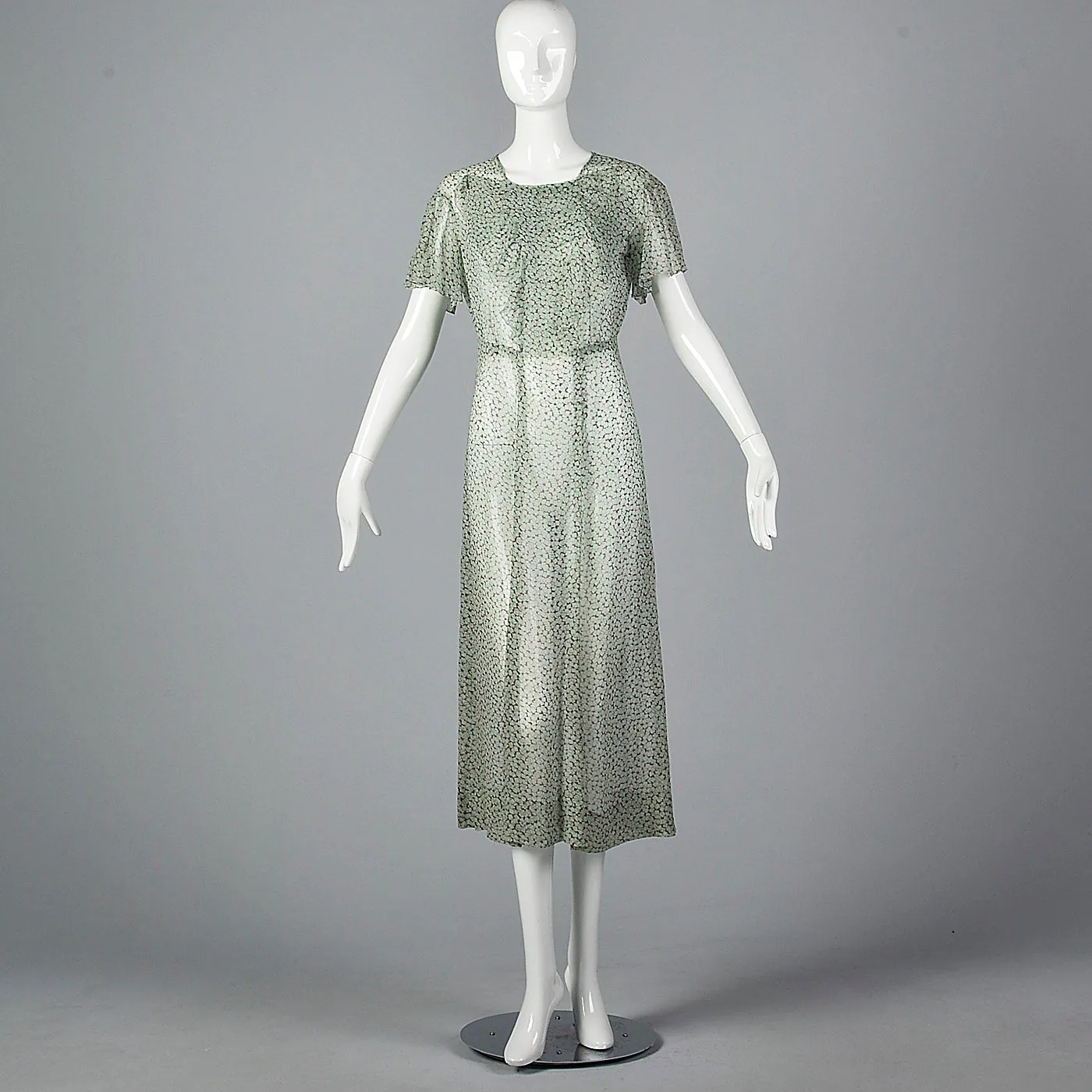 1930s Sheer Blue Silk Dress with Geometric Print