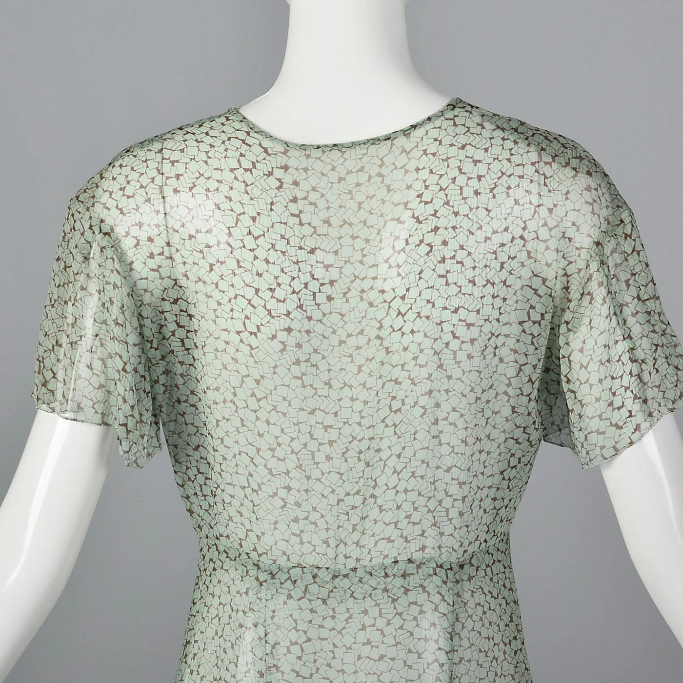 1930s Sheer Blue Silk Dress with Geometric Print