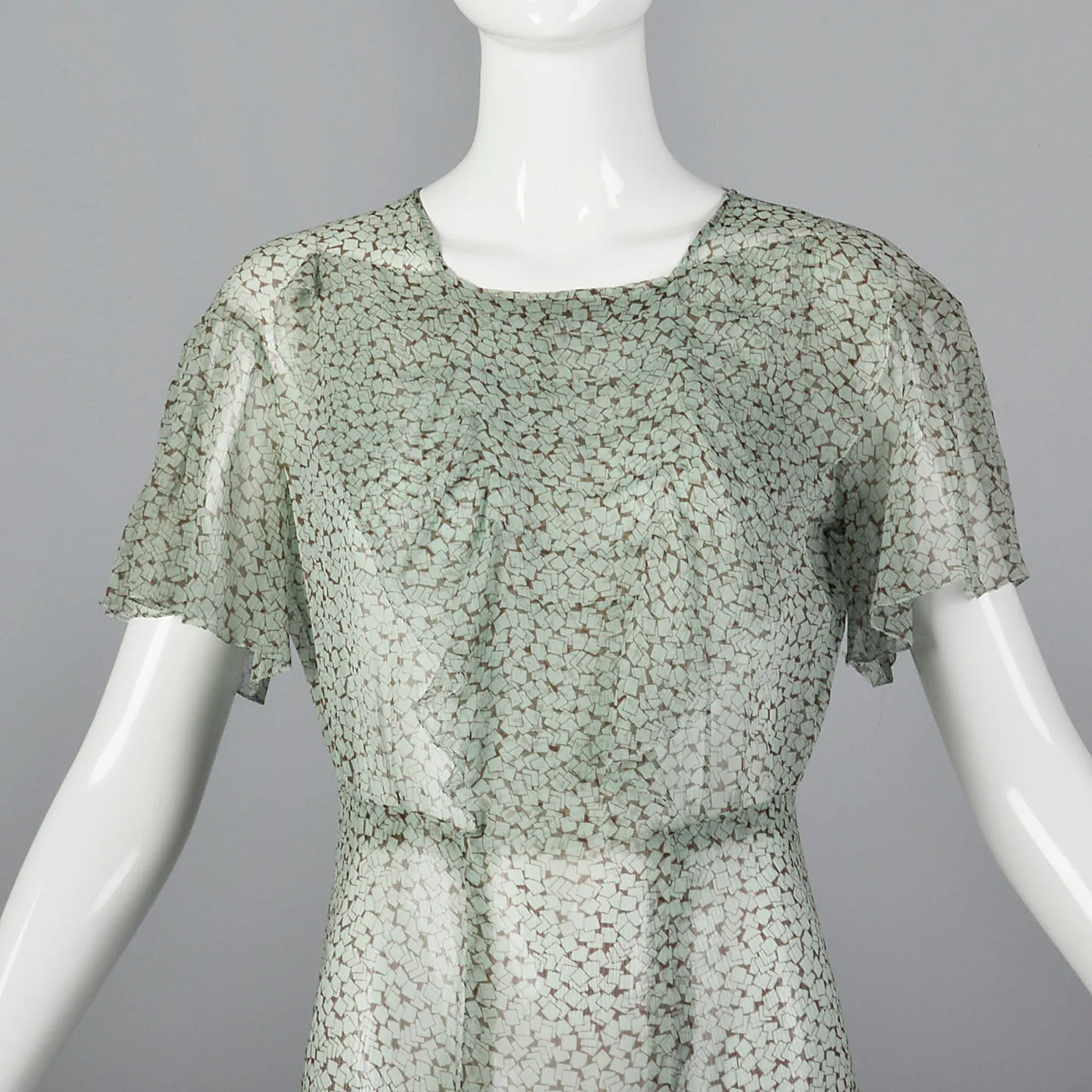 1930s Sheer Blue Silk Dress with Geometric Print