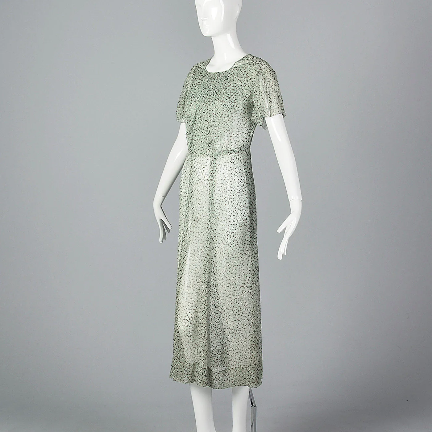 1930s Sheer Blue Silk Dress with Geometric Print