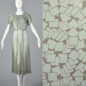 1930s Sheer Blue Silk Dress with Geometric Print