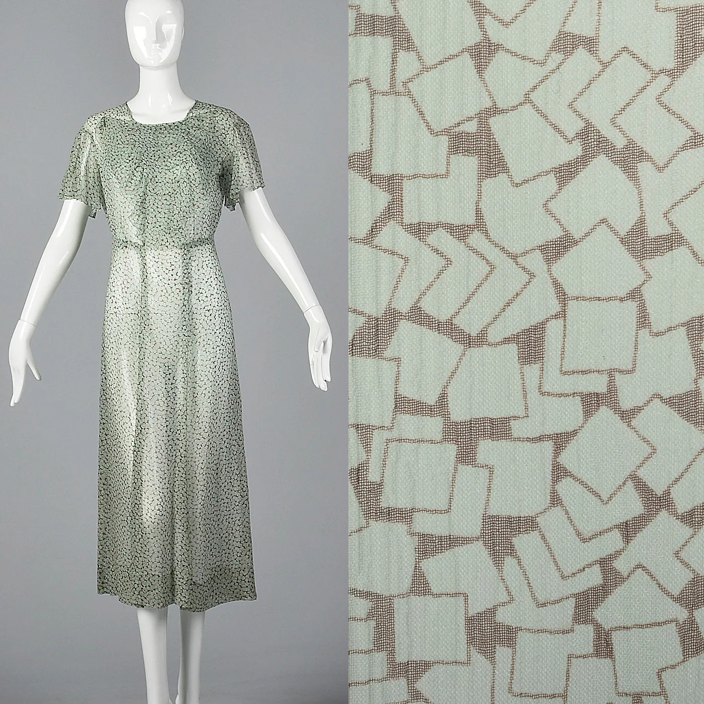 1930s Sheer Blue Silk Dress with Geometric Print