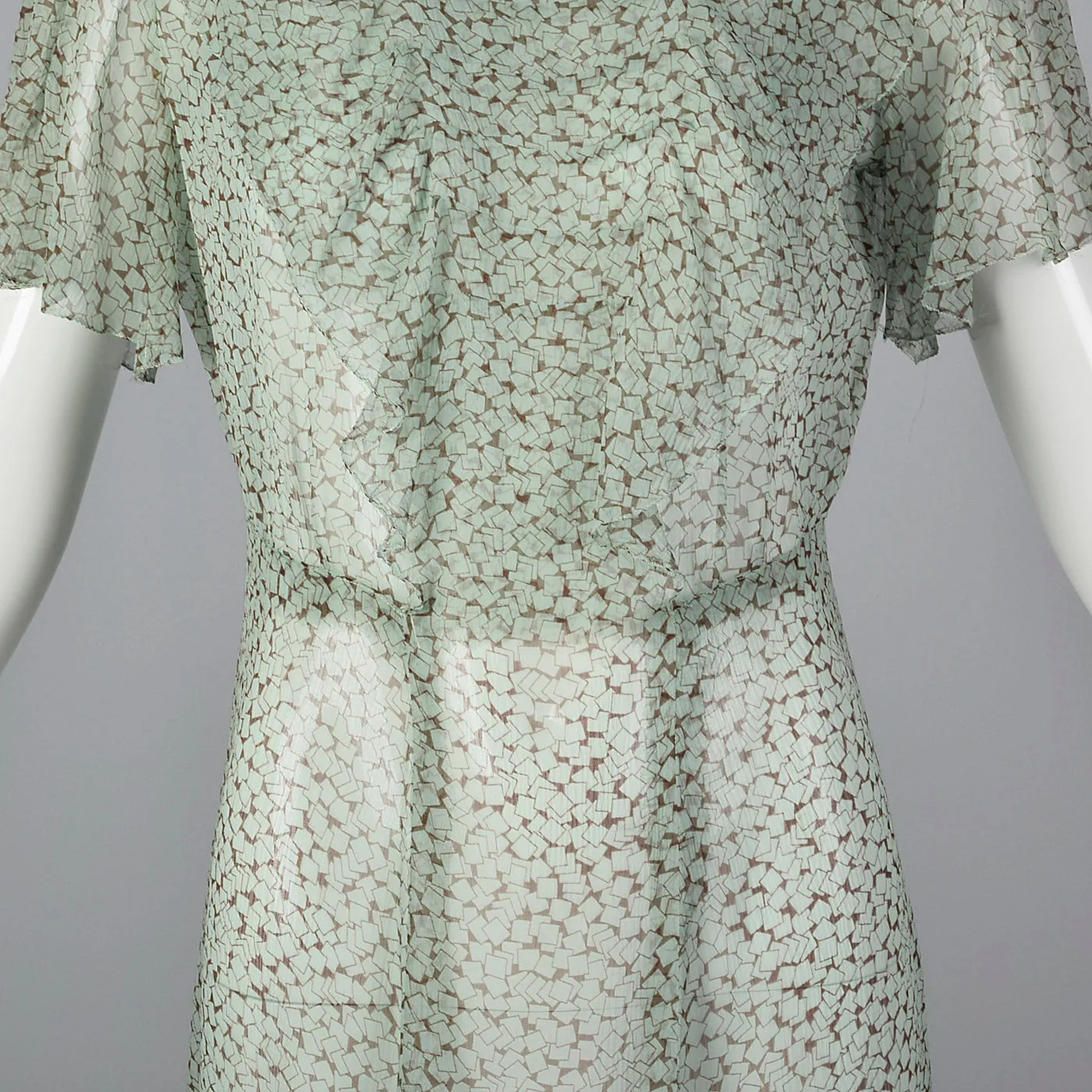 1930s Sheer Blue Silk Dress with Geometric Print