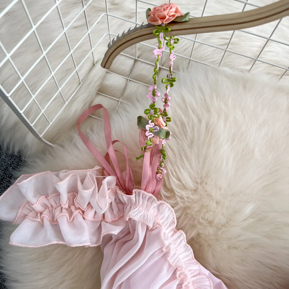 3d Floral Pink Chiffon Halter Dress