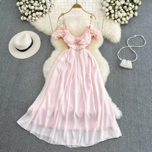 3d Floral Pink Chiffon Halter Dress