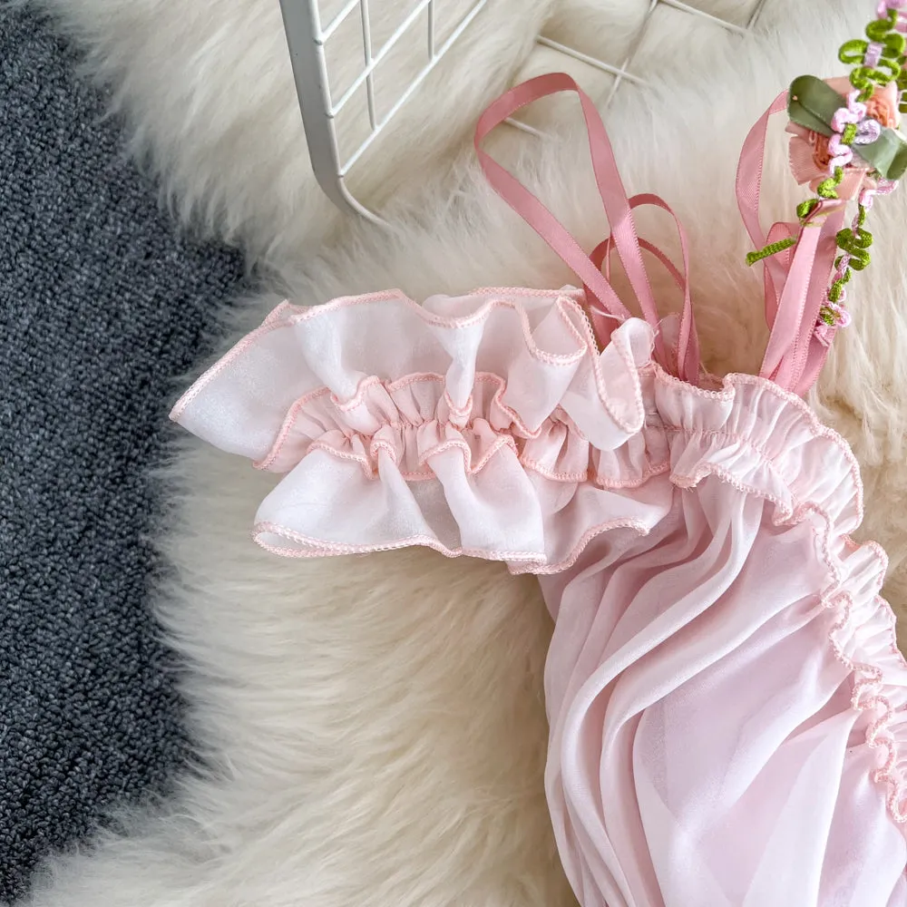 3d Floral Pink Chiffon Halter Dress