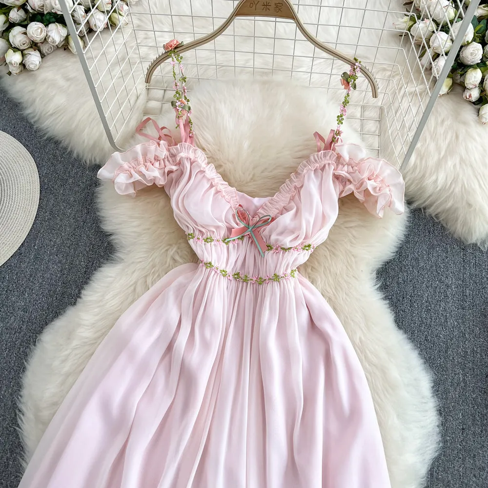 3d Floral Pink Chiffon Halter Dress