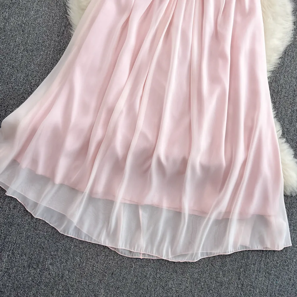 3d Floral Pink Chiffon Halter Dress