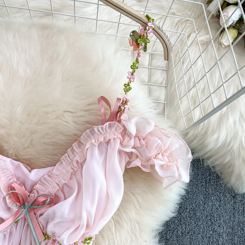 3d Floral Pink Chiffon Halter Dress