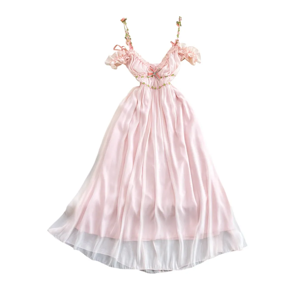 3d Floral Pink Chiffon Halter Dress