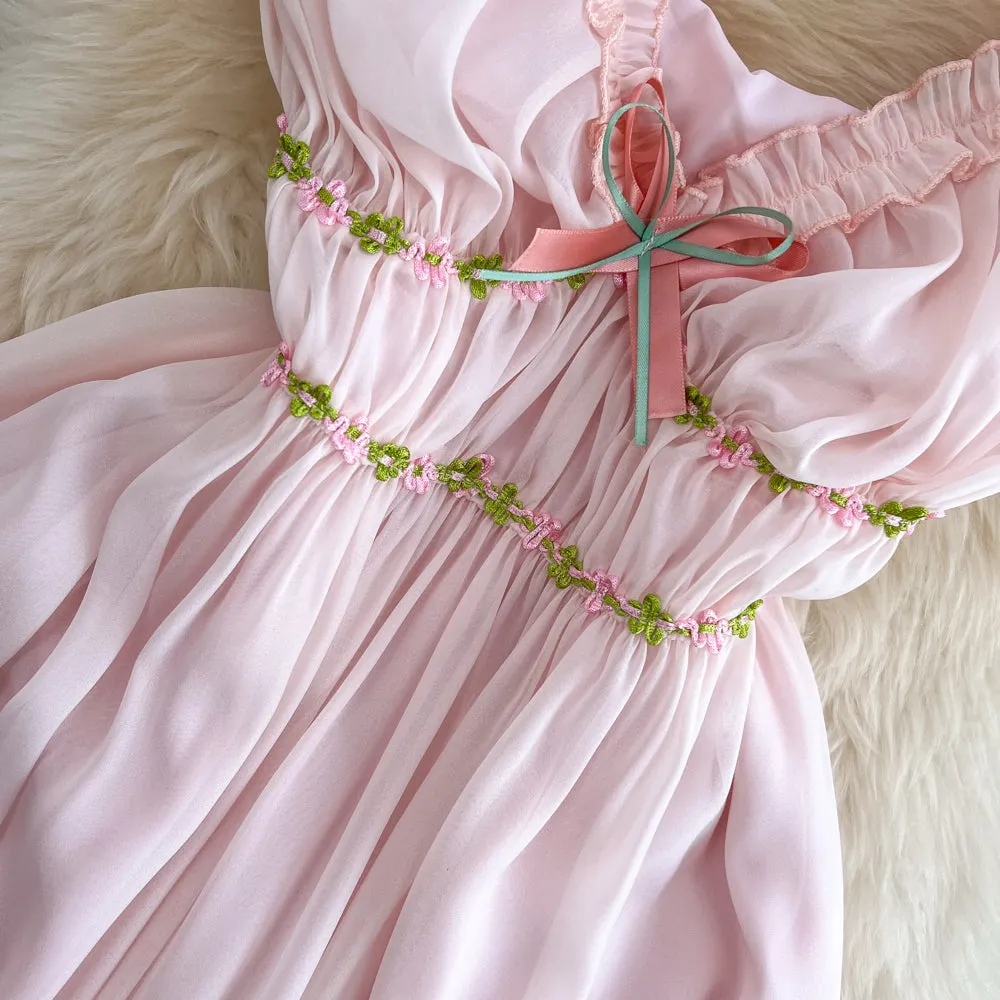 3d Floral Pink Chiffon Halter Dress